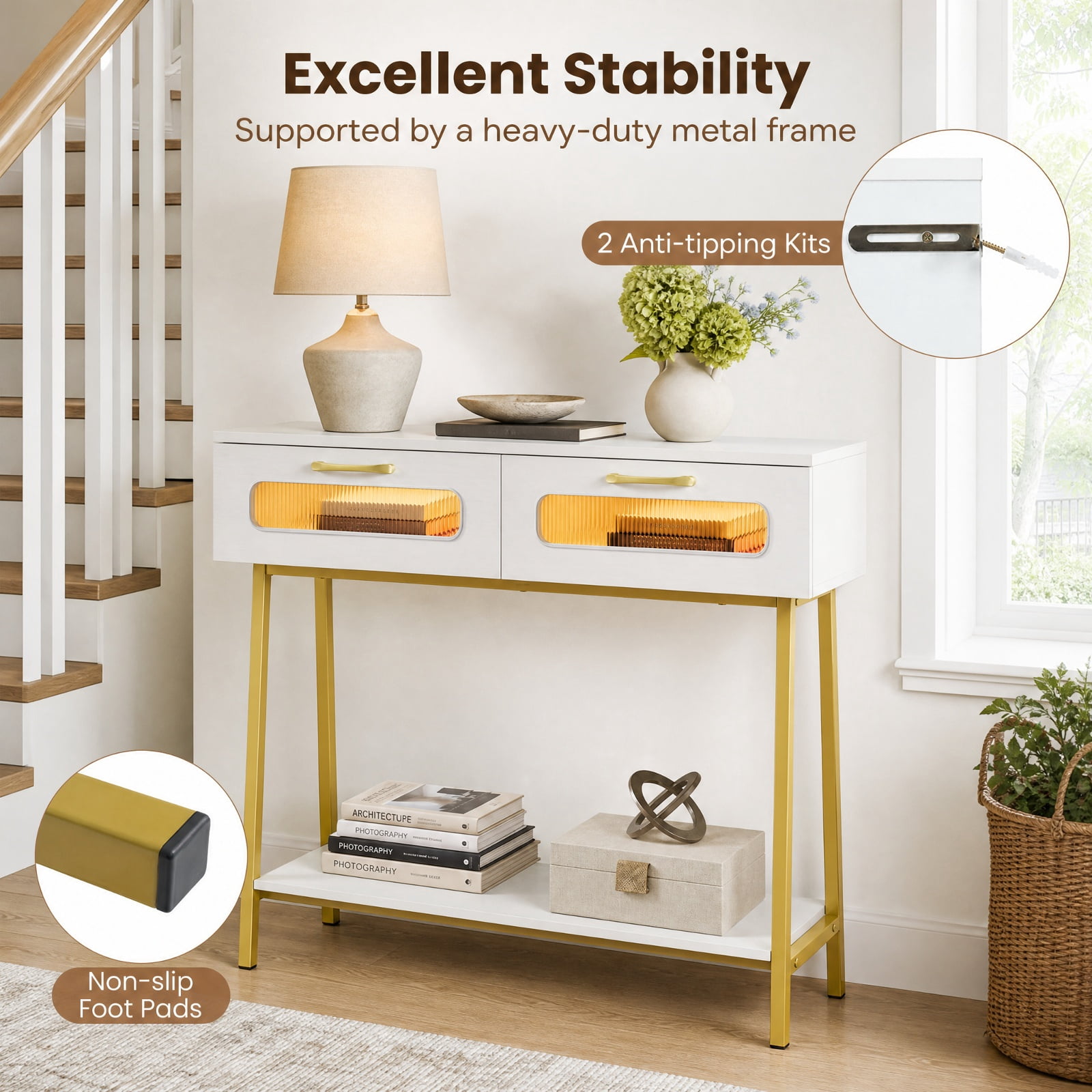 Furnibear Console Table with LED Lights and Open Shelf Entryway Table with 2 Drawers for Living Room Hallway Entrance Sofa, White