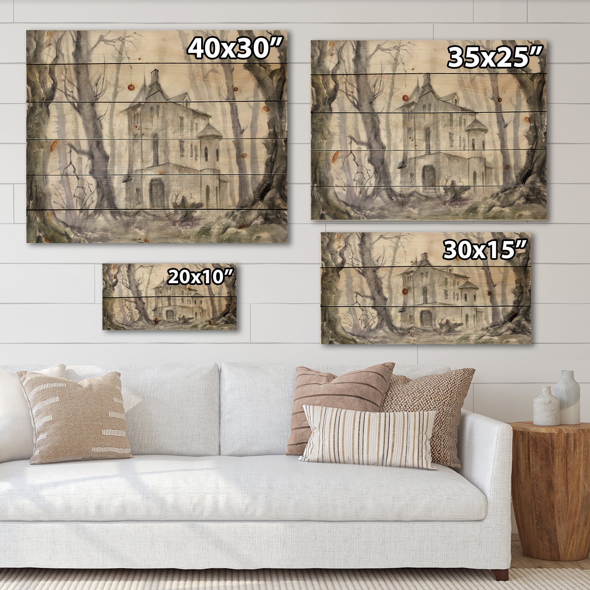 Designart 'Old Haunted Castle In The Woods' Traditional Print on Natural Pine Wood