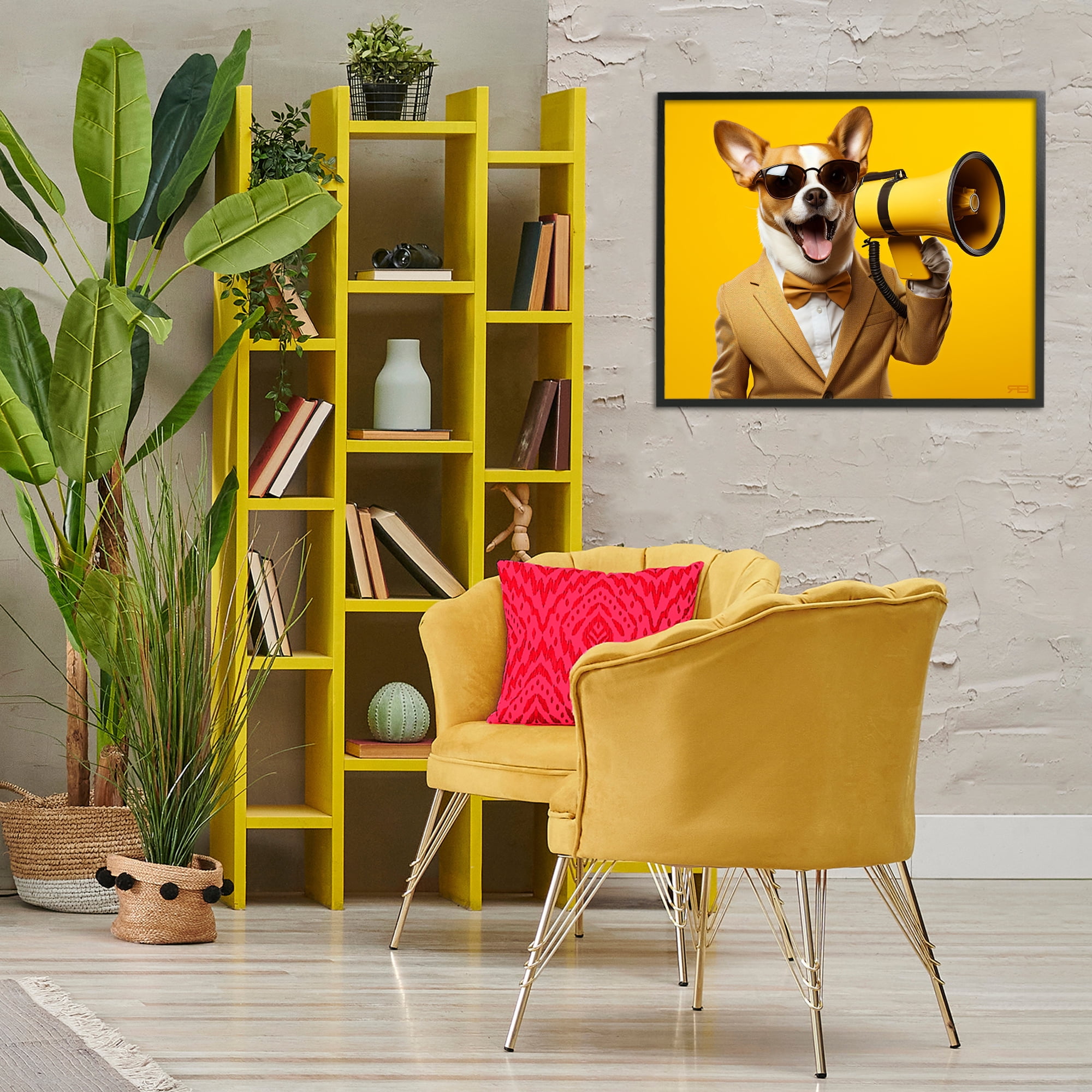 Stupell Industries Dog with Yellow Megaphone Animals & Insects Painting Black Framed Art Print Wall Art, 30 x 24
