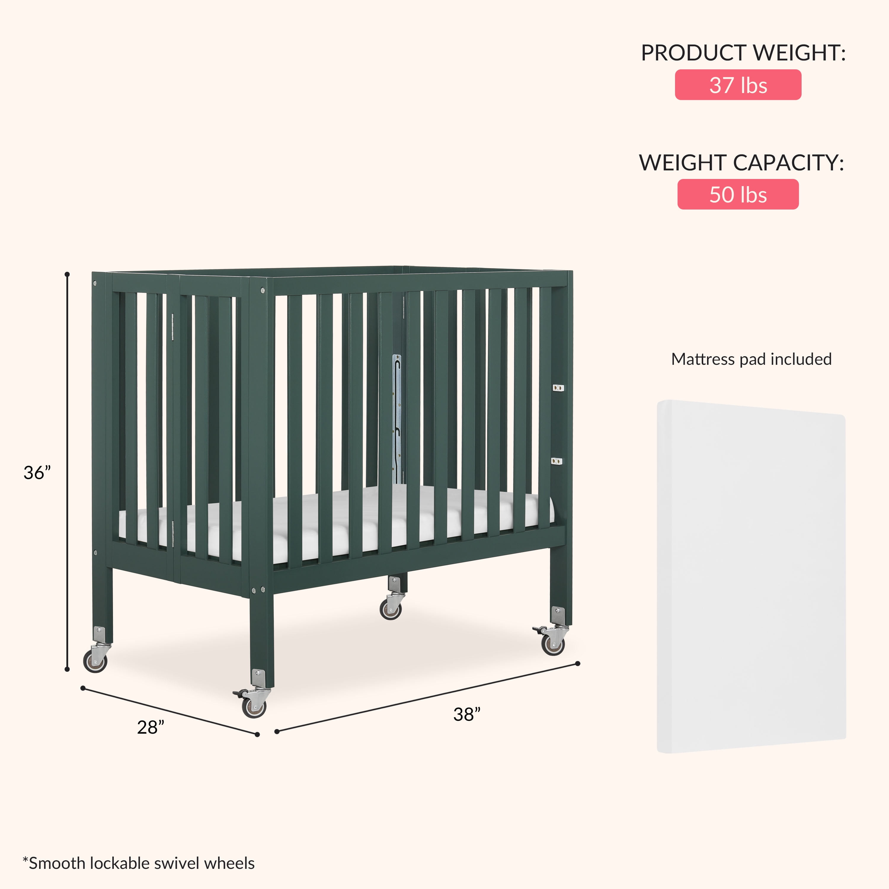 Dream On Me Jett Non-Full Size Folding Crib, Removable Wheels, Modern Nursey, Adjustable Mattress Support, Patent Folding System, Included 2.5” Mattress In Olive