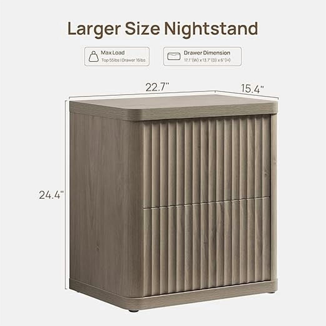 SICOTAS Fluted 2 Drawer Nightstand Set of 2, 22.75" W Small Modern Bedside Table with Large Handless Drawers, Curved Edge Design, Wooden End Table for Bedroom, Living Room, Dark Grey