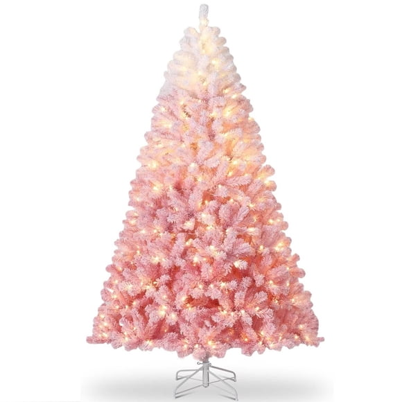 Eastvita 7.5Ft Artificial Christmas Tree with 450 Warm White LED Lights/Pink Gradient Snow Frosted/1180 Realistic Branch Tips/Metal Stand for Holiday Decoration