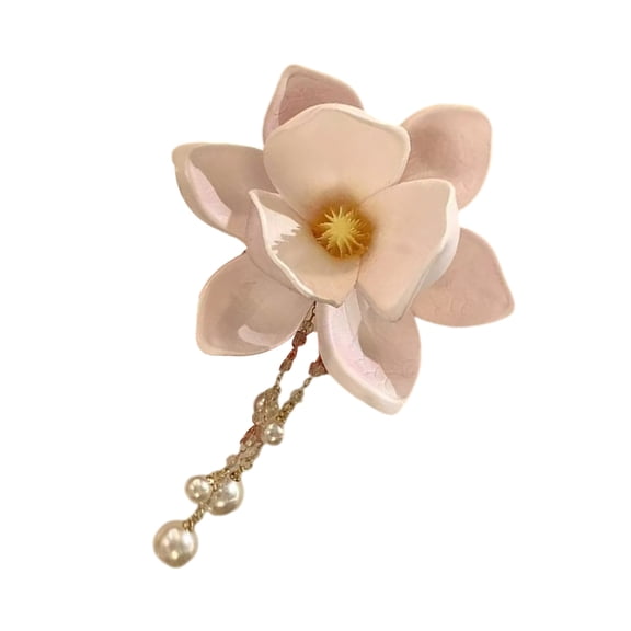 Huhudde Magnolia Flower Barrette Pearls Chain Decors Hair Clip Realistic Flower Side Hairpin For Women Daily Wear Music Festival