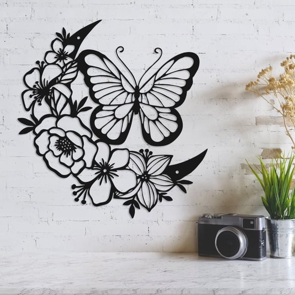 Wekvgz Metal Butterfly Wall Art Flower Wing Metal Wall Décor Modern Floral Butterfly Metal Sculpture Rust-Proof Butterfly Flower Silhouette Decoration for Room Kitchen Office Decor