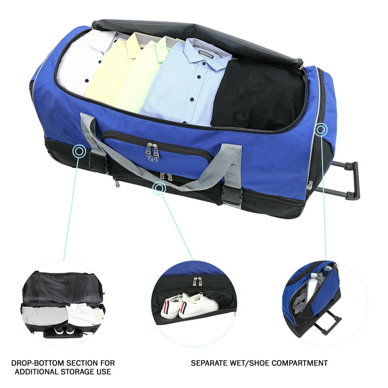 Protégé 36 Drop-Bottom Rolling Polyester Travel Duffel - Blue with Black 