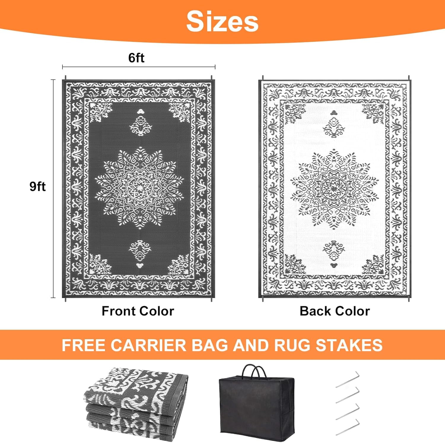 Yamaziot 6'x9' Outdoor Rugs Patio Rug Medallion Reversible Mat, RV Rug, Waterproof Plastic Straw Outdoor Area Rug for Patio, Camping, Porch, Balcony, Beach, Deck, Backyard, Garden, Gray