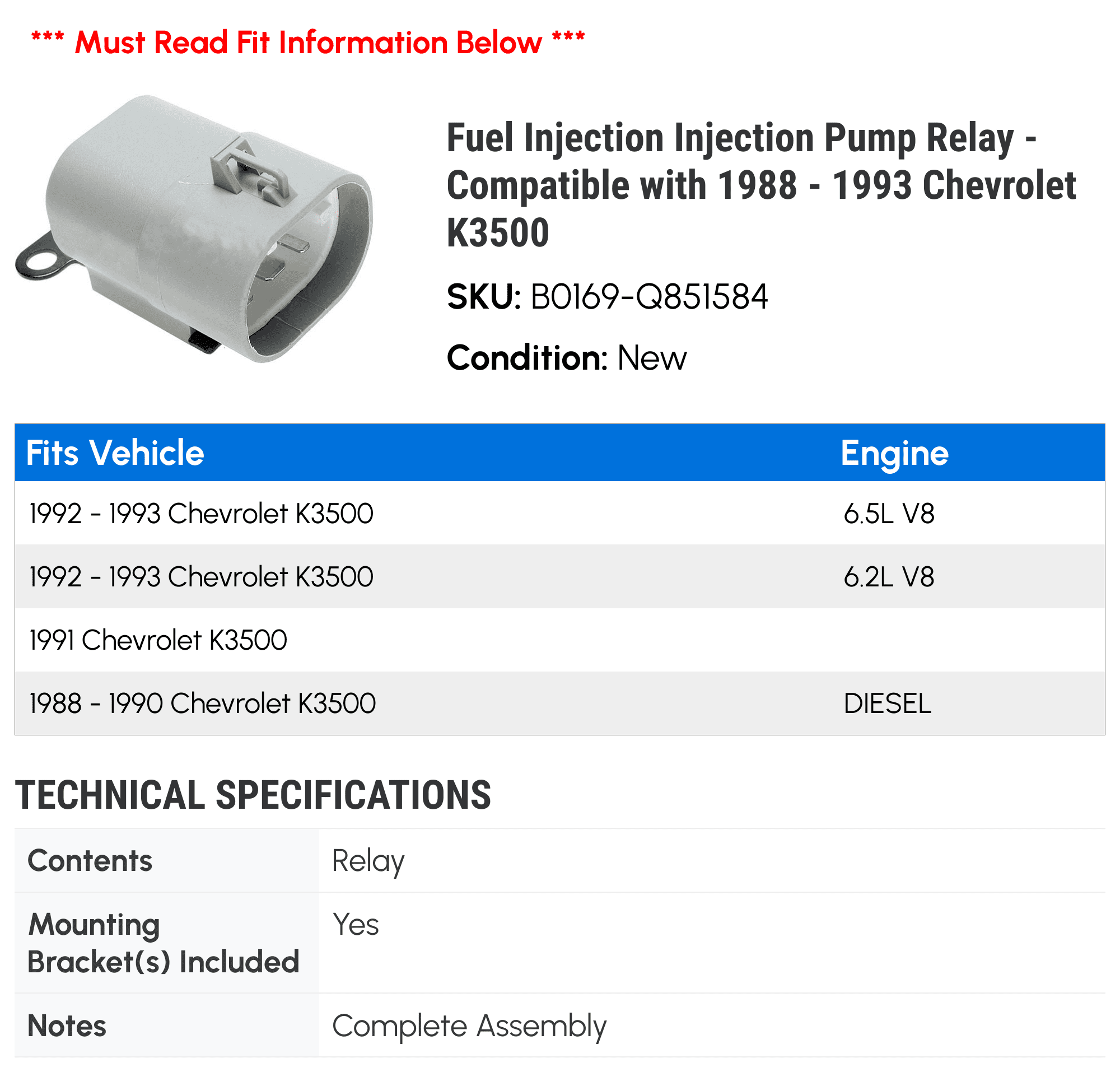 Fuel Injection Injection Pump Relay - Compatible with 1988 - 1993 Chevy K3500 1989 1990 1991 1992
