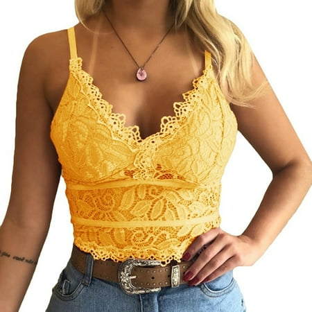 

Women Deep V Neck Tank Tops Sleeveless Sling Strap Slim Crop Tops Lace Trim Vest Solid Color Hollow for Summer Casual Flower Embroidery Woman s Camisole Yellow XXXL