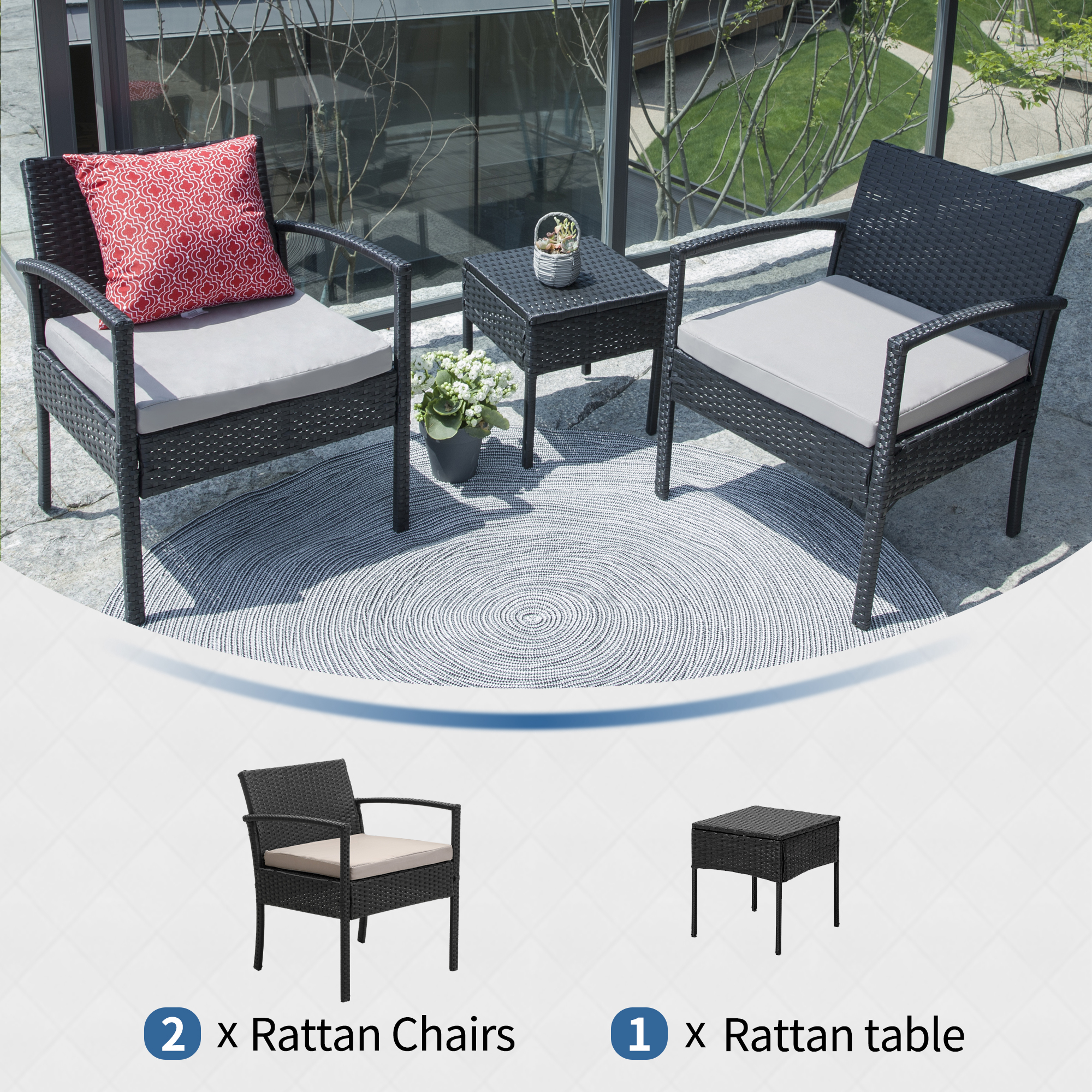 FHFO Patio Furniture Set Outdoor Furniture Outdoor Patio Furniture Set 3 Pieces Patio Conversation Set Table and Chairs with Cushions for Garden Balcony Backyard Porch Lawn Black Rattan Grey Cushion - image 5 of 5