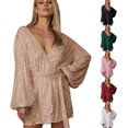 thumbnail image 4 of Mini vestido de fiesta de manga larga con cuello en V y lentejuelas brillantes Clubwear Y2K Vestidos con cinturón Vestido de corte bajo Vestidos de cóctel para mujer para invitados de boda Manga larga, 4 of 4
