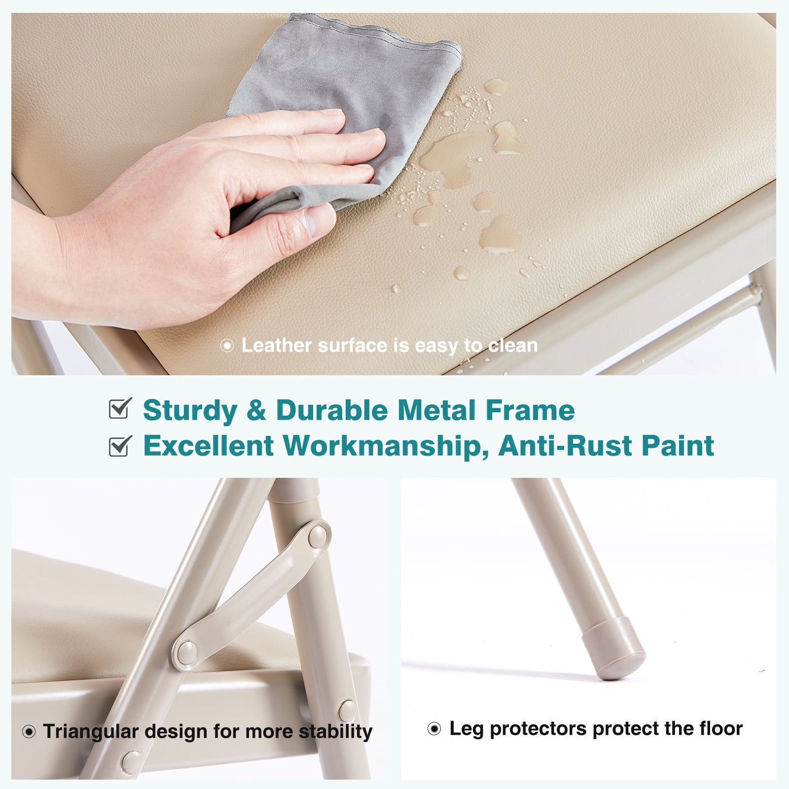 Folding Chair 4-Pack, Leather Padded, Easy Storage & Carry, Indoor Outdoor Use