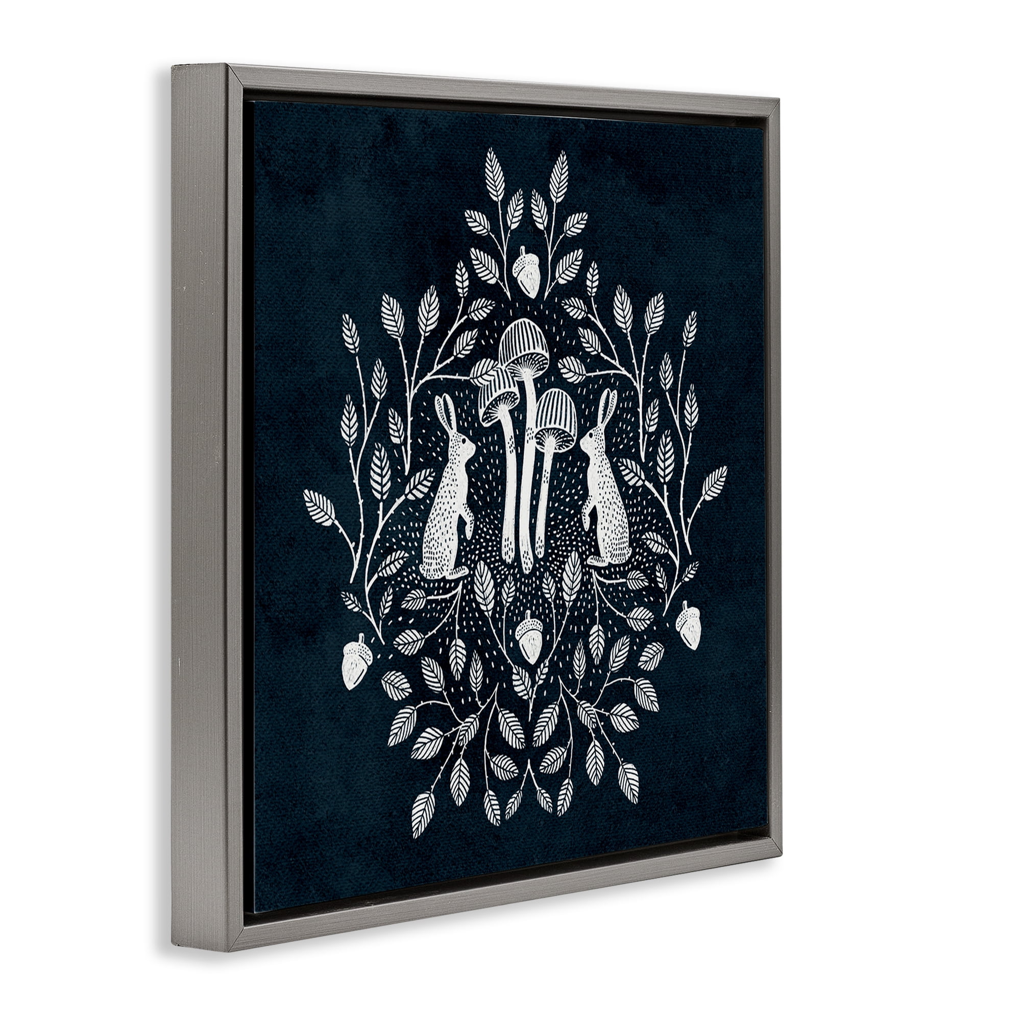 Stupell Industries Rabbits & Leaves on Blue Plants & Flowers Painting Gray Floater Framed Canvas Art Print Wall Art, 25 x 25