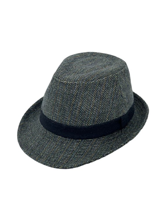 Wool Herringbone Check Fedora Hat - Classy Trilby Manhattan Structured Short Brim LD61567 (Green)