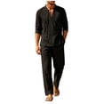 thumbnail image 2 of Maqroz Mens Two Piece Outfits Long Sleeve V Neck Lace Up Shirts Drawstring Beach Pants Casual Summer Vacation Wear Linen Textured Matching Sets Bohemian Trendy Streetwear, 2 of 5