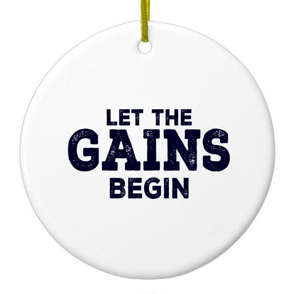 DistinctInk Hanging Ceramic Christmass Tree Ornament with Gold String - Great Gift / Present - 2 3/4 inch diameter - Let the Gains Begin