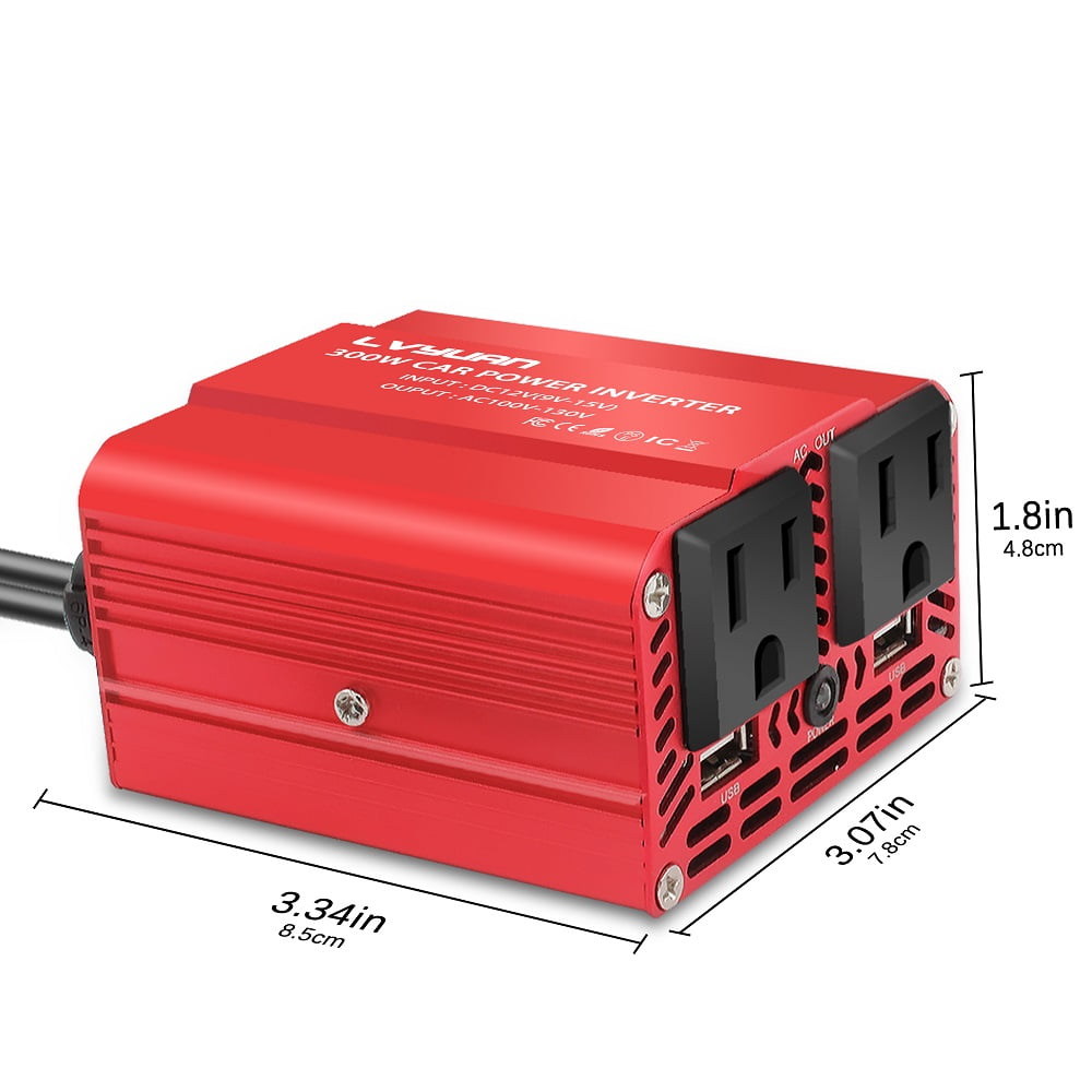 LVYUAN 300W DC 12V to AC 110V Power Inverter Car Converter Charge Adapter 2USB 2AC for Laptop, Computer, Car, RV, Camping & Home Red