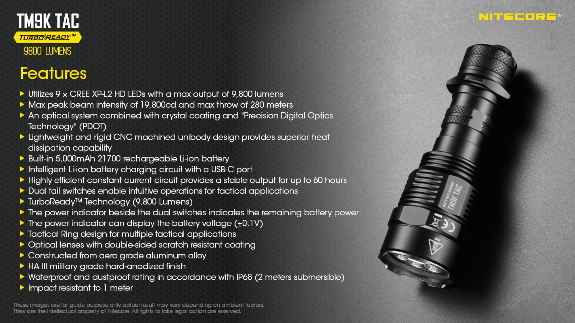 Lampe de poche LED Nitecore TM9K TAC, 9800 lumens, TurboReady