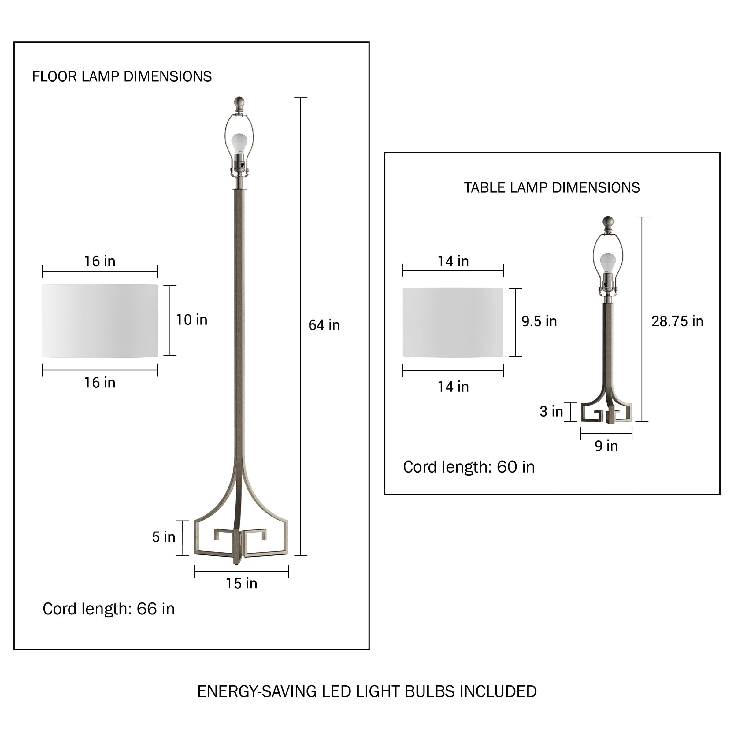 Lavish Home - Greek Key Table and Floor Lamps -Set of 3 Modern Lights with Led Bulbs - Silver