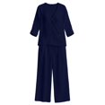 thumbnail image 3 of IWRICH Linen Sets for Women 2 Piece V-Neck 3/4 Sleeve Button down Top Wide Leg Pants Casual Summer Outfits Travel Navy M, 3 of 3