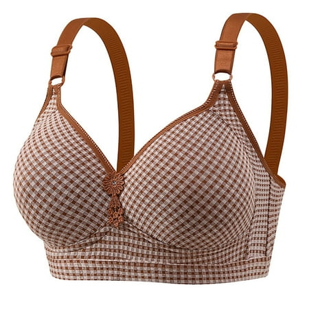 YHGFVOKJ Bras for Women Casual Adjustable Breathable Non Padded Cups Plaid Top Underwear without Steel Ring Gathering and Adjusting Bra Sports Bras Brown 42