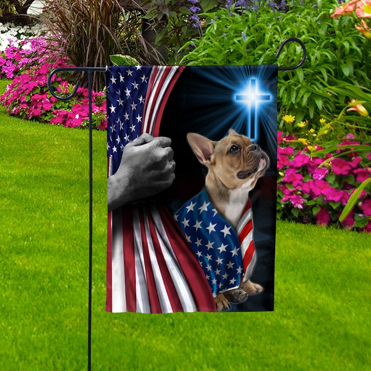 Hand Pulling USA Flag French Bulldog Dog Wearing Flag American Standing under Cross Christian Patriotic House Flag (3x5) Double Sided- Premium Polyester-Decorative Indoor Outdoor Flag