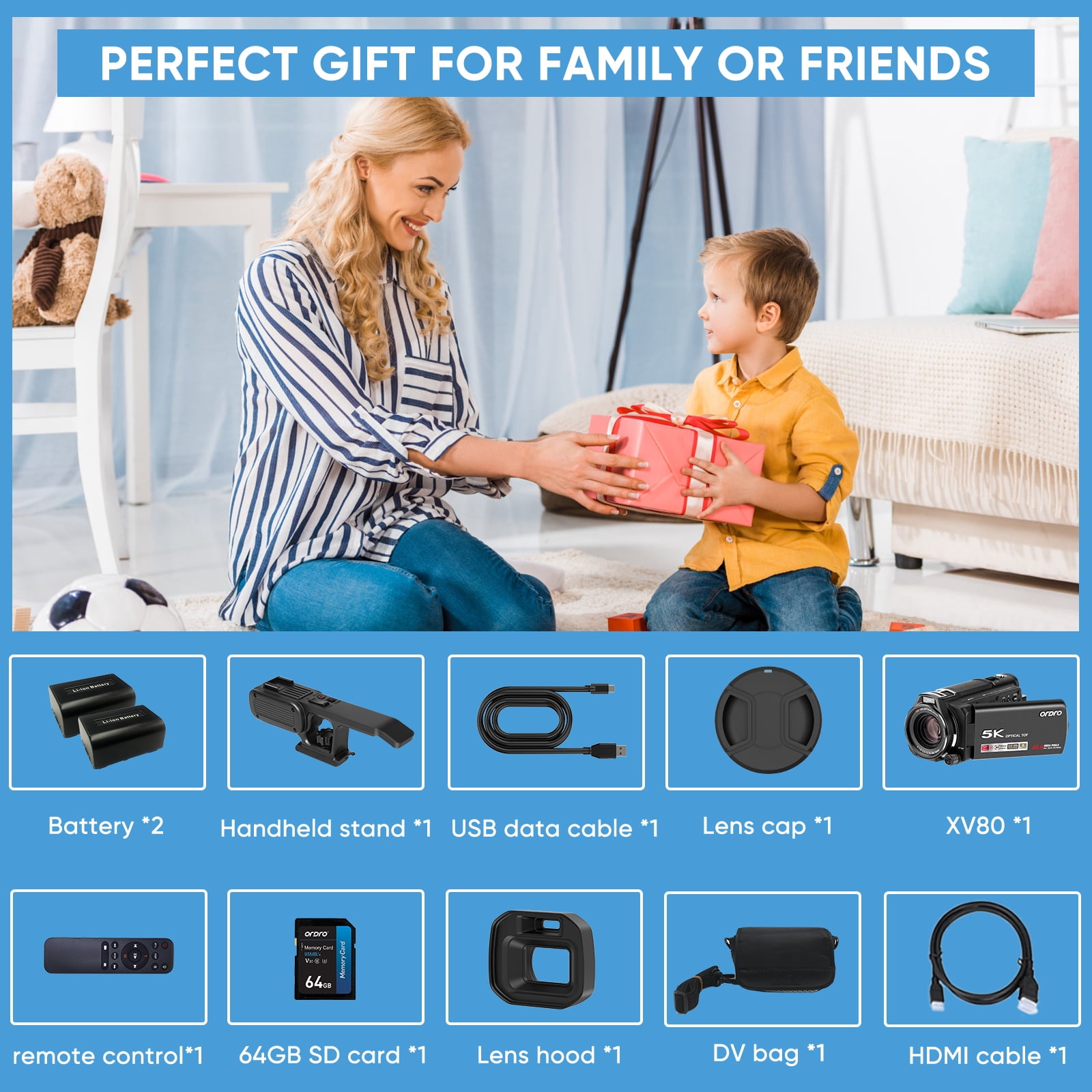 ORDRO Video Camera 5K 30FPS Camcorder 48MP Photo Vlogging Camera 12X Optical Zoom 3.5''Screen for Photography Youtube