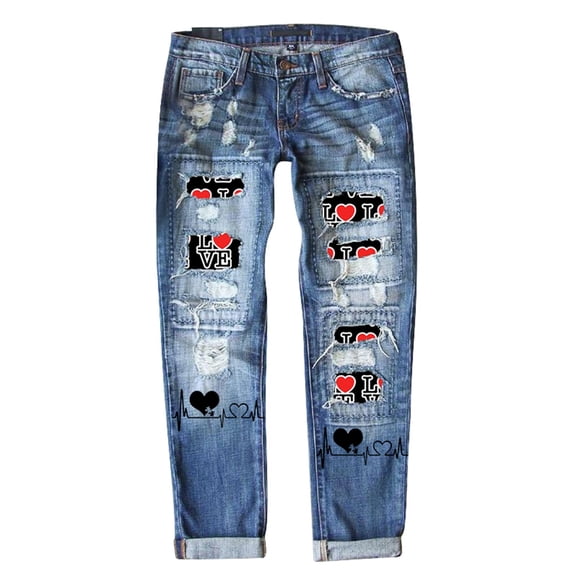 Denim Jeans for Women Valentines Heart Printed Ripped Straight Leg Mid Rise Denim Festive Pattern Plus Size Casual Jeans