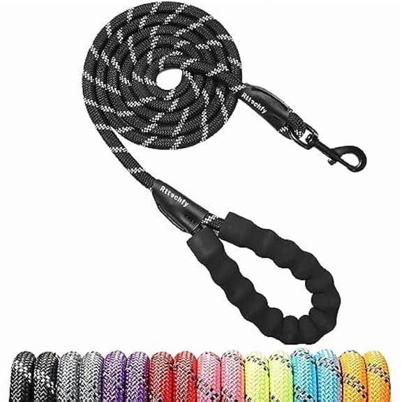 Eryueer Rope Dog Leash 2/4/5/6/8/10 FT with Comfortable Padded Handle and Highly Reflective Threads for Small Medium and Large Dogs Heavy Duty (1/2"-4 FT, Black)