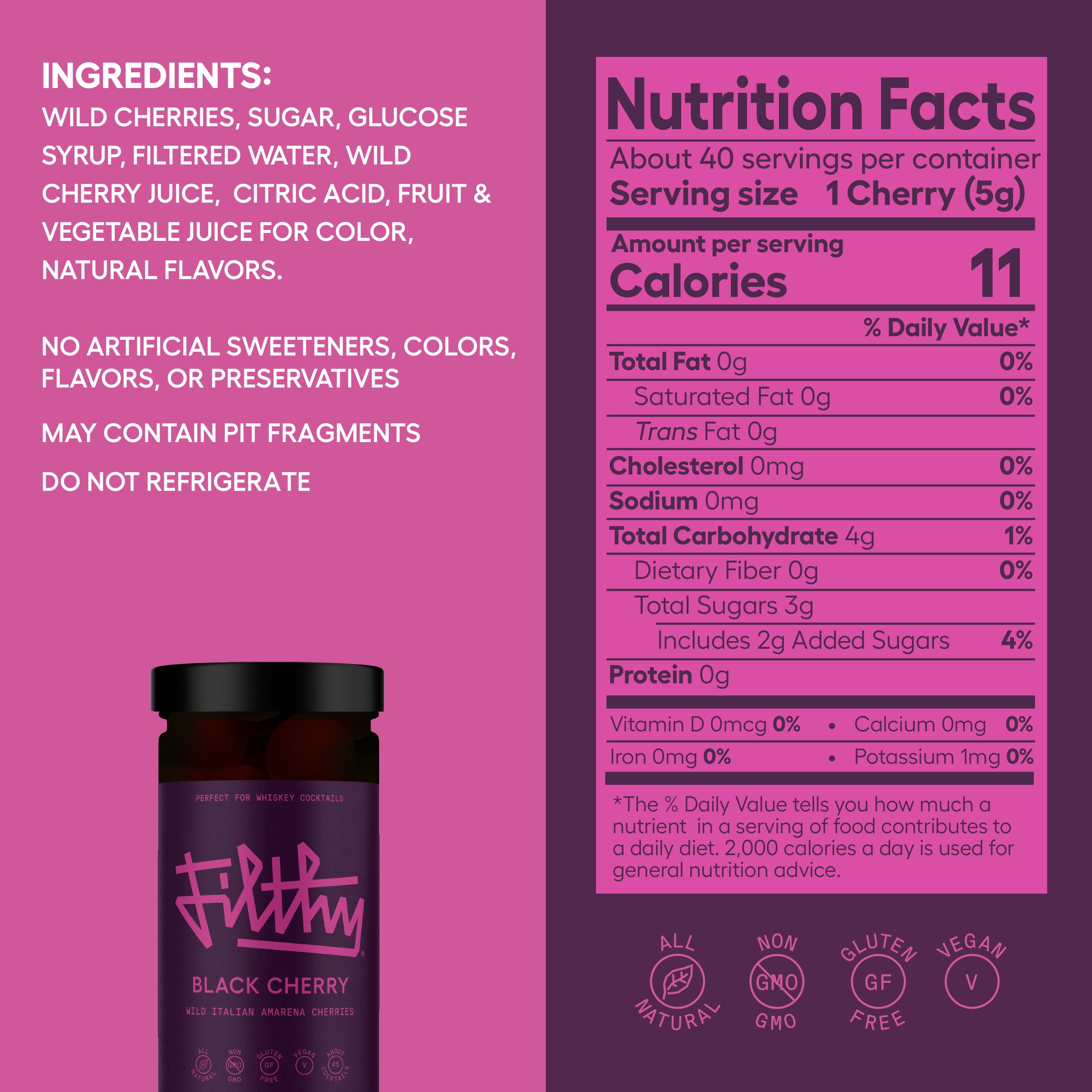 Filthy® Black Amarena Cherry Jar, Premium Cocktail Cherry Garnish, 11 oz jar (2-Pack)