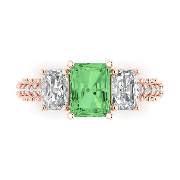 Three-Stone Engagement Ring for Women - 3.61ct Simulated Green Diamond in 14K Rose Gold Promise Ring