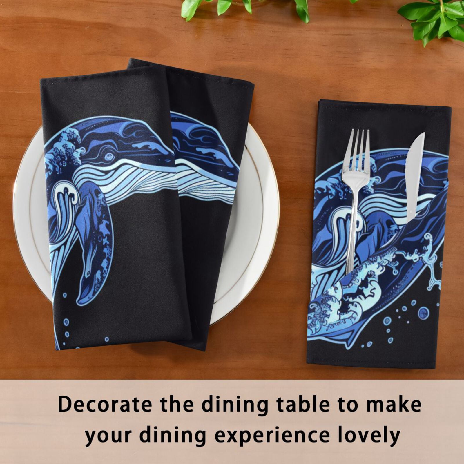 JSTEL Two Whales Sea Wave Cloth Napkins Set of 6, 20x20 Inch Washable and Reusable Napkin for Decoupage Dinner Party Everyday Use