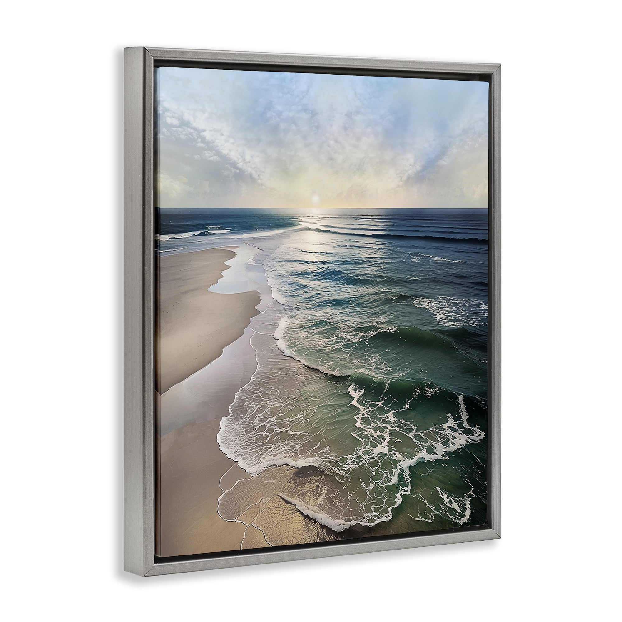 Stupell Industries Tranquil Shoreline with Soft Light Gray Framed Floater Canvas Wall Art, design by Mike Calascibetta