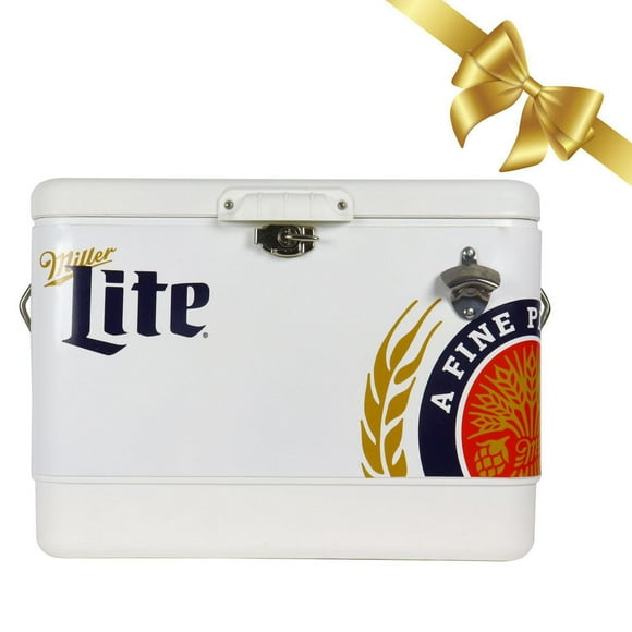 Miller Lite 14-Quart Retro Ice Chest Cooler with Bottle Opener, 13L, White/Blue