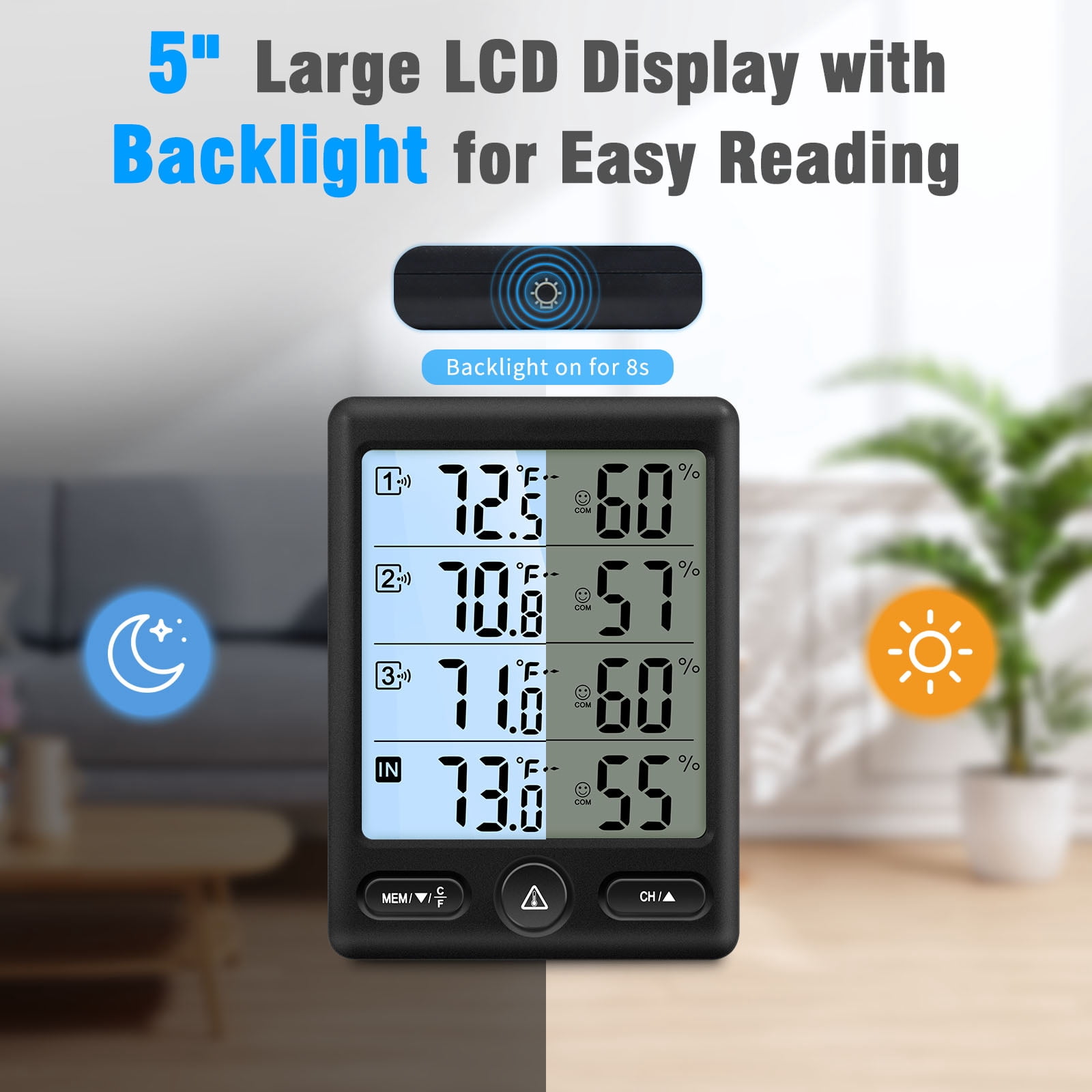 Geevon Indoor Outdoor Thermometer Wireless, 5-Inch Display with 3 Remote Sensors Wireless Thermohygrometer, Digital Temperature Humidity Meter with 200FT/60M Range(Black Backlight)