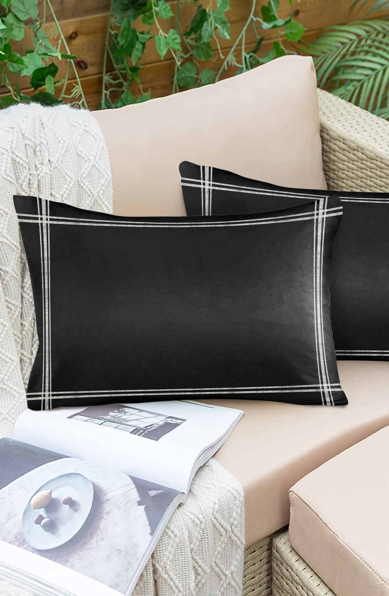 Outdoor Waterproof Throw Pillow Covers Set of 2 Solid Color Decorative Pillowcases Lumbar Outdoor Pillows Cushion Case 20x12 Inch Ash Black Patio Pillows for Couch Sofa Bed Garden