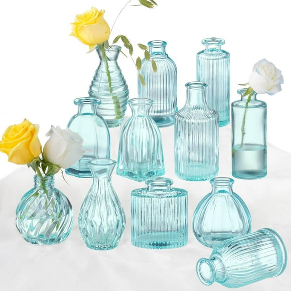 Juego de 12 vasos Bud Vases PHUNTTEK de cristal azul, decoración vintage