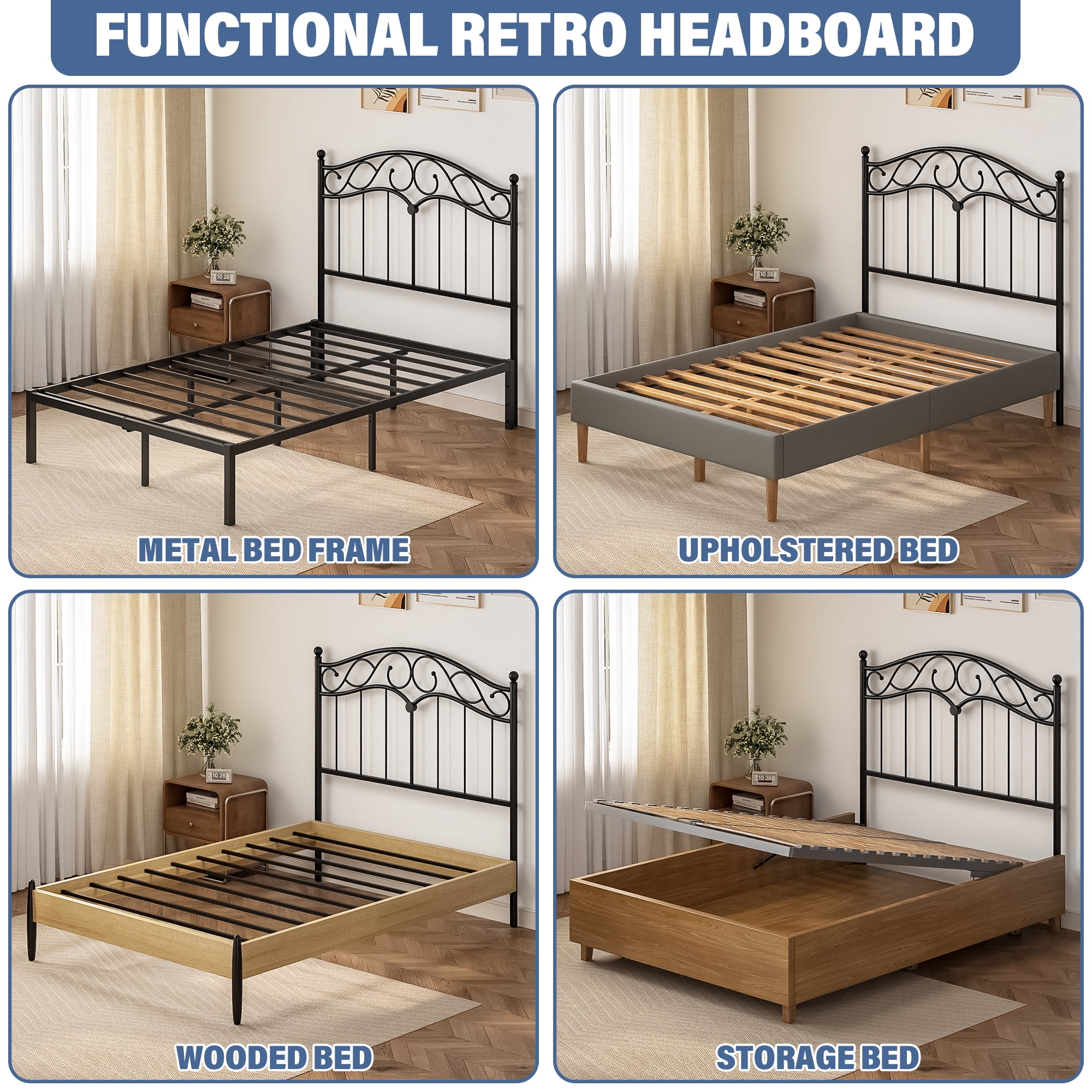 Yoneston Retro Sturdy Cute Scrolled Metal Full Size Headboard with Adjustable Height for Full Beds, Black