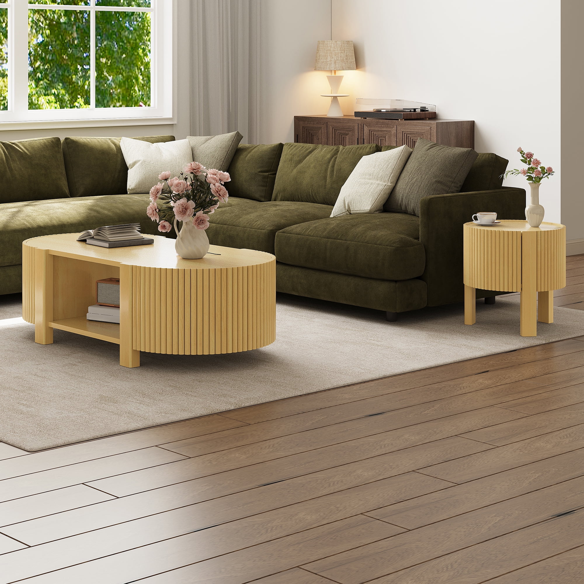 Euroco Oval Fluted Coffee Table with Storage for Living Room, 1 shelf & 2 Open Storage Doors, Natural, 47"