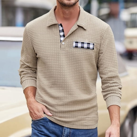 PNTUTB Men's Stylish Waffle Weave Solid Color Patchwork Casual Long Sleeved Button Lapel Collared Blouse