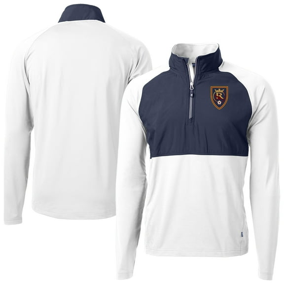 Men's-Cutter & Buck White/Navy Real Salt Lake Adapt Eco Knit Hybrid Recycled Raglan Quarter-Zip Top