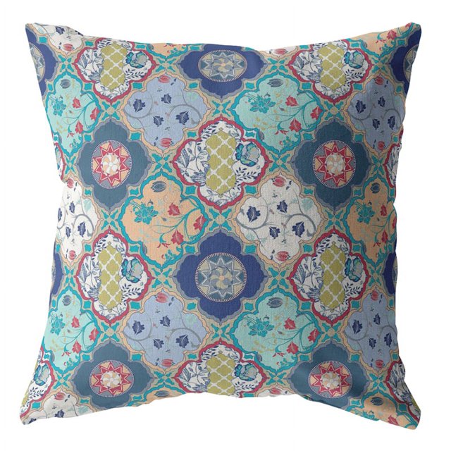 Coussin en Tissu Intérieur/extérieur avec Diamants de Fleurs et Fermeture Éclair - Vert Mousse Pêche 20x20
