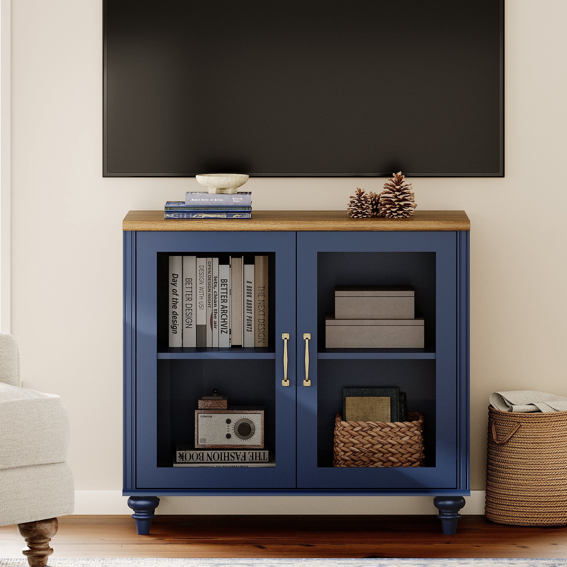Navy Blue TV Stand for 43 Inch TV, Kitchen Buffet Sideboard with Glass Doors for Dining Room