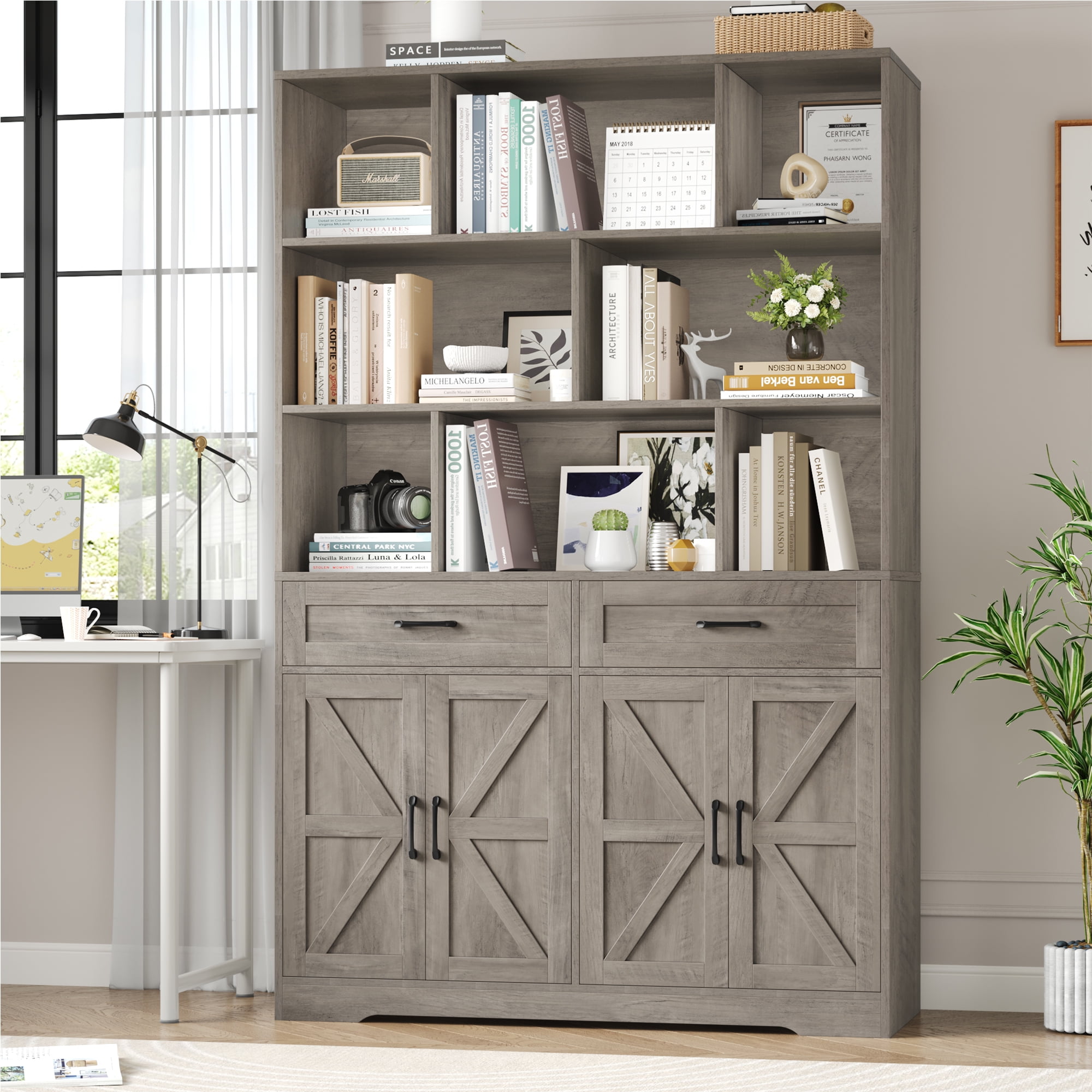 Hiphuta 71"Tall Bookcases with Drawers & Doors, 47” Wide Large Bookshelf for Home Office 6-Tier Bookshelf , Wooden Book Storage Cabinet for Home Office Living Room, Ash Gray