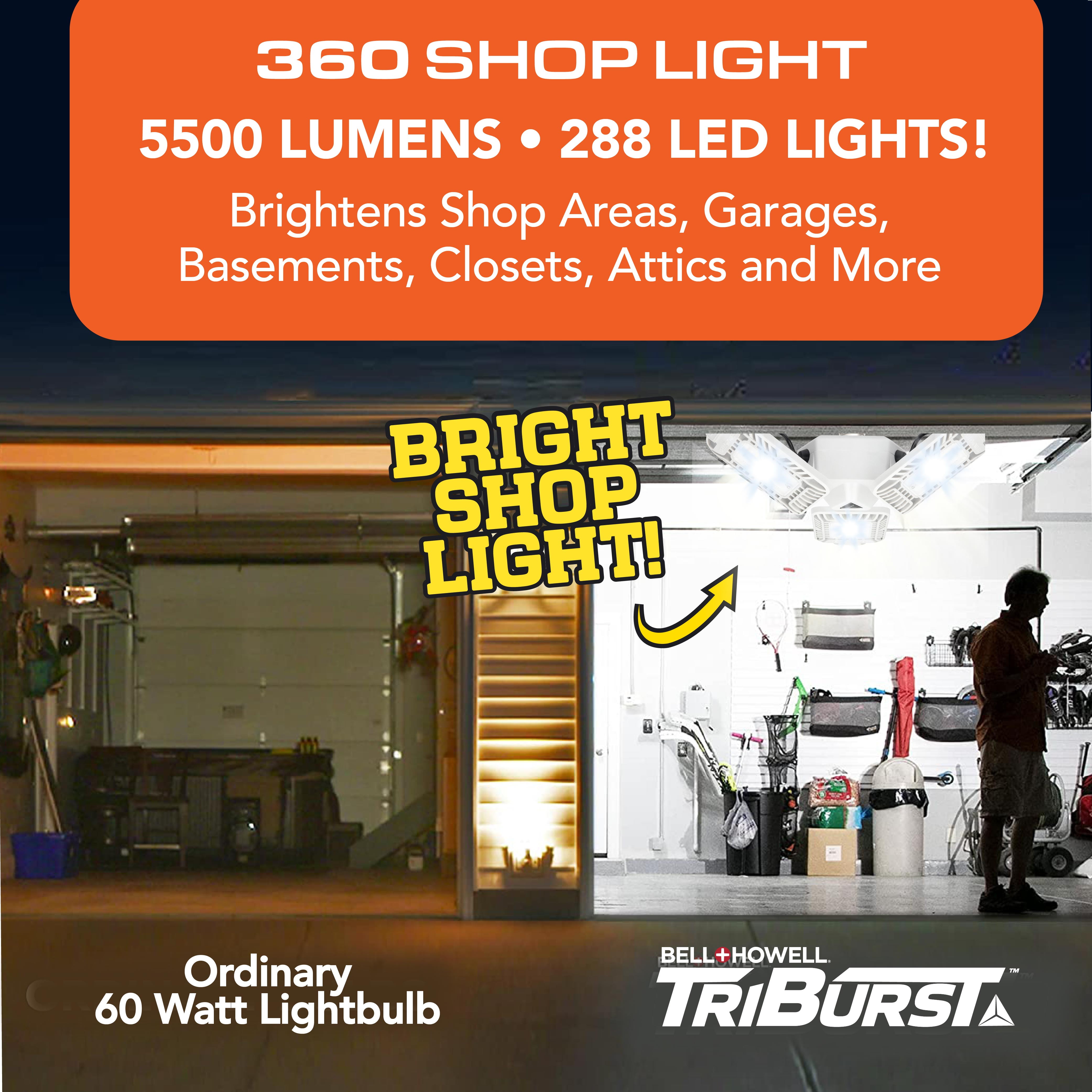 Bell+Howell TriBurst Shop Light Pro 5500 Lumens 360 degrees coverage, 288 Super Bright LEDs, Garage Light Ceiling LED Work Light, Adjustable Triple Panel for Indoor, Bedroom, Fits Standard Sockets