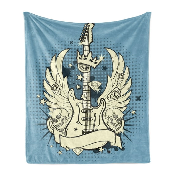 Guitar Soft Flannel Fleece Blanket, Rock n Roll Composition Crown Wings Skulls Stars on Retro Grunge Backdrop, Cozy Plush for Indoor and Outdoor Use, 50" x 60", Pale Blue Black Ivory, by Ambesonne