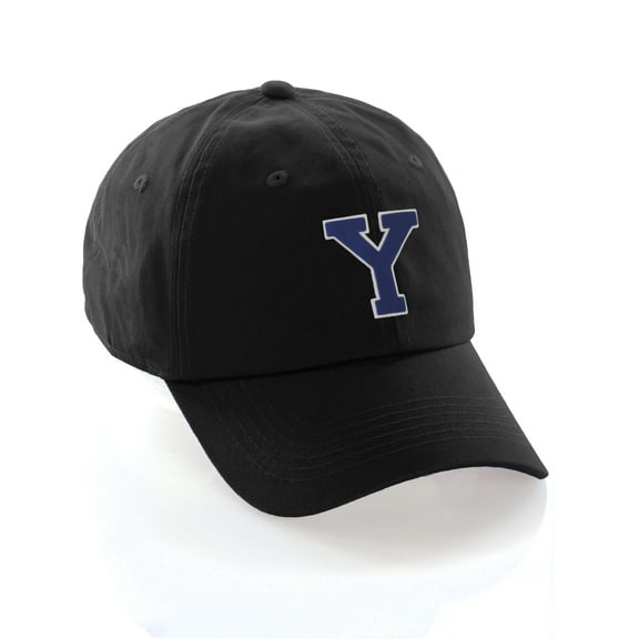 Customized Letter Intial Baseball Hat A to Z Team Colors, Black Cap White Blue Letter Y