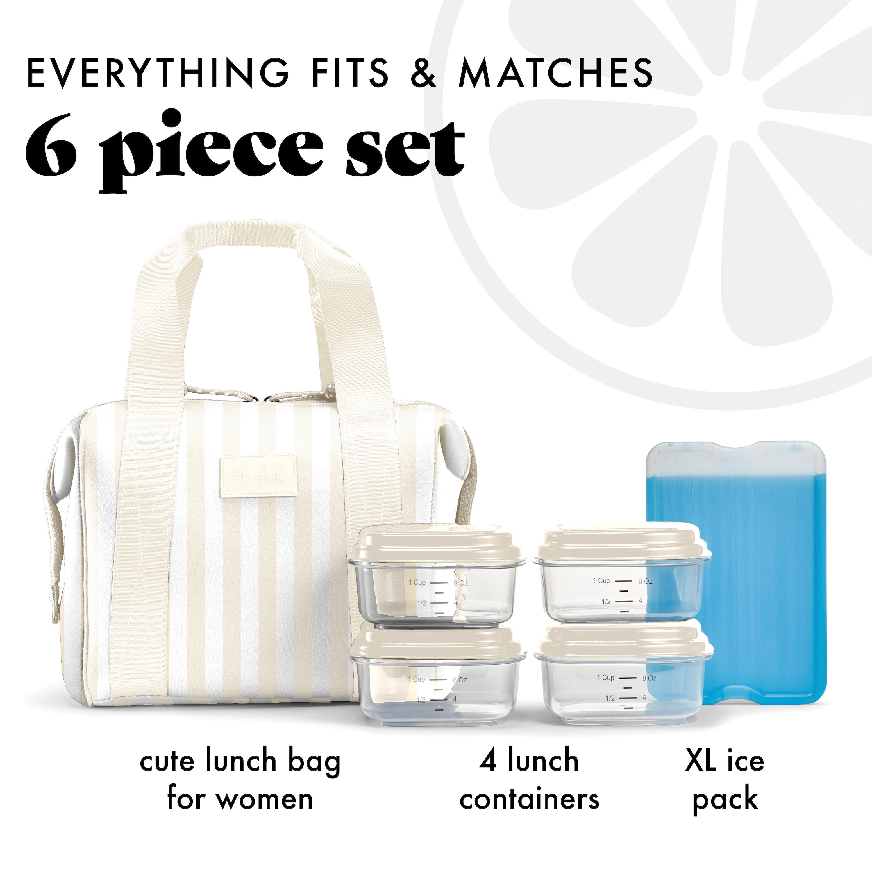 Fit + Fresh Remi Womens Lunch Bag, Insulated Lunch Box With Containers, Ivory Stripe