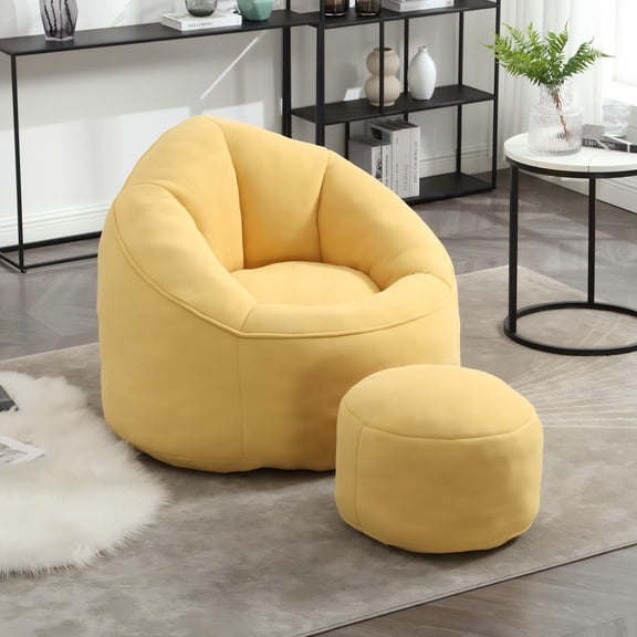 CKEASEAN 37W Bean Bag Sofa Chair with Ottoman, High Pressure Foam Stuffed Modern Compression Sofa, Comfy Shell-Shaped Lazy couch for Living Room or Bedroom, No Assembly Required