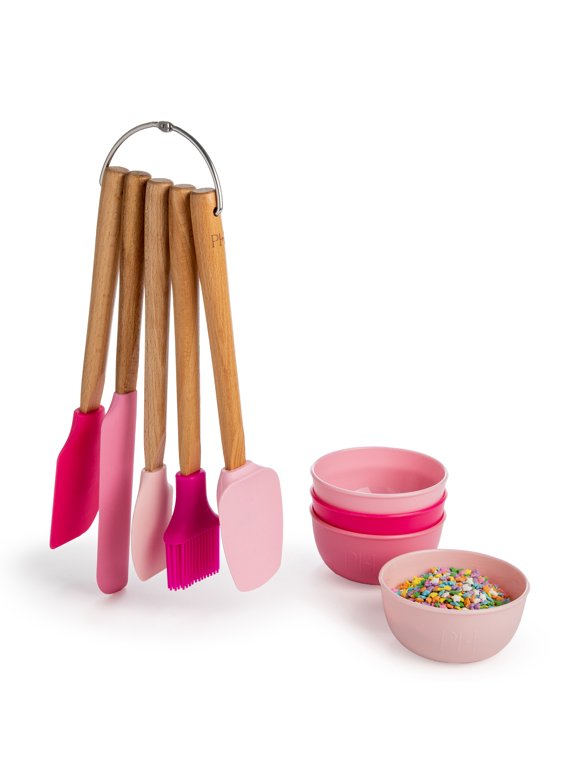Paris Hilton 9 Piece Gadget Set, 5 Silicone Spatulas, 4 Prep Bowls, Pink