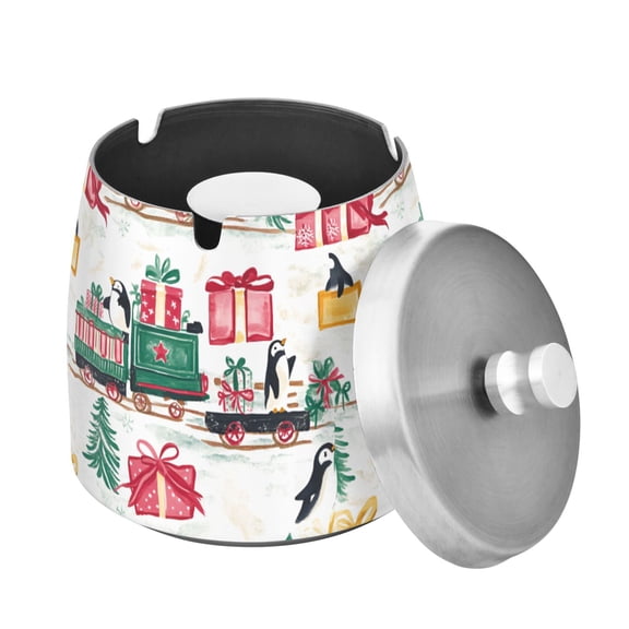 Yayeee Ashtray with Lid for Cigarette Smokeless Stainless Steel Home Ash Holder, Christmas Train
